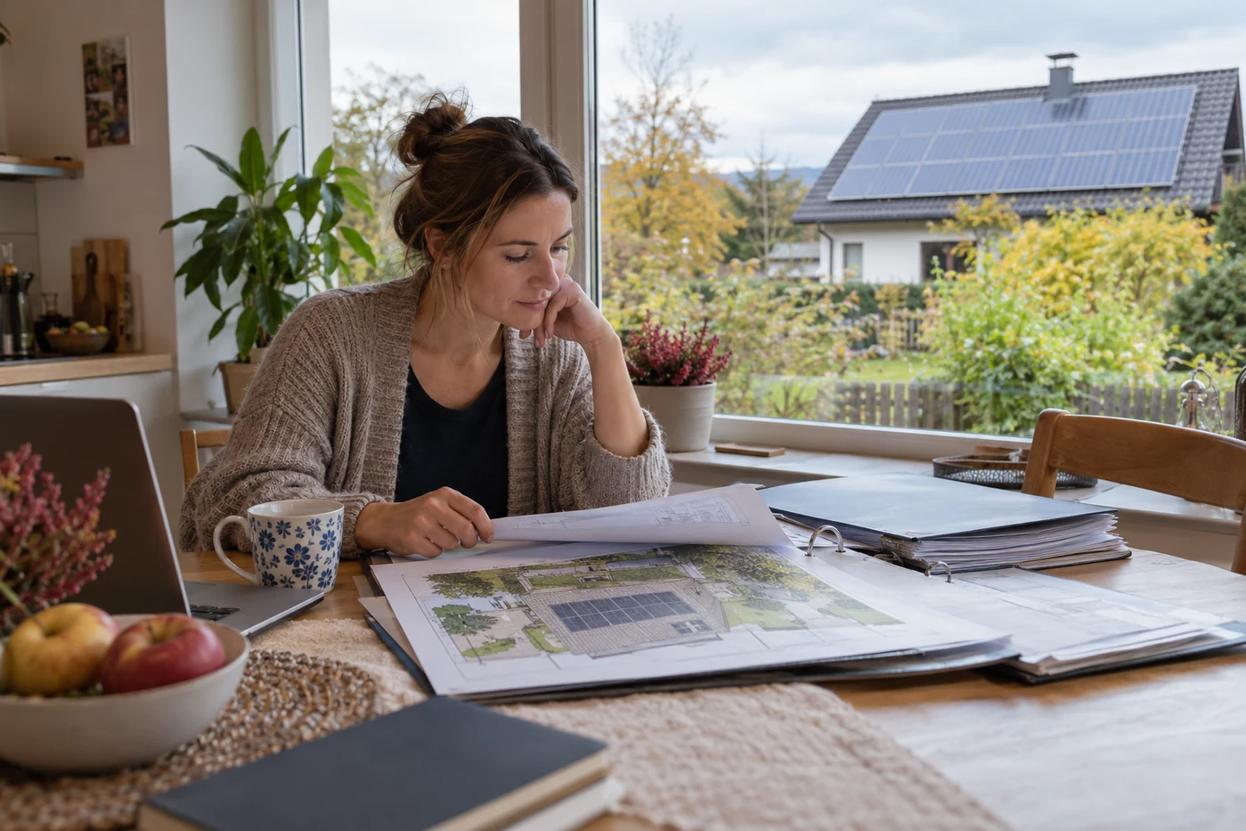 Hausbesitzerin mit Unterlagen für ein Solarprojekt in Niederösterreich