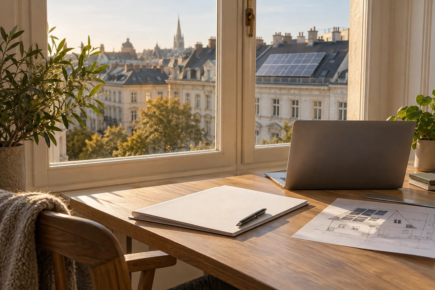 Unterlagen für ein PV-Projekt vor einem Wiener Stadtfenster
