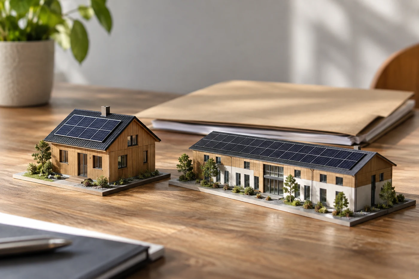 Haus- und Gebäudemodelle neben einer Projektmappe