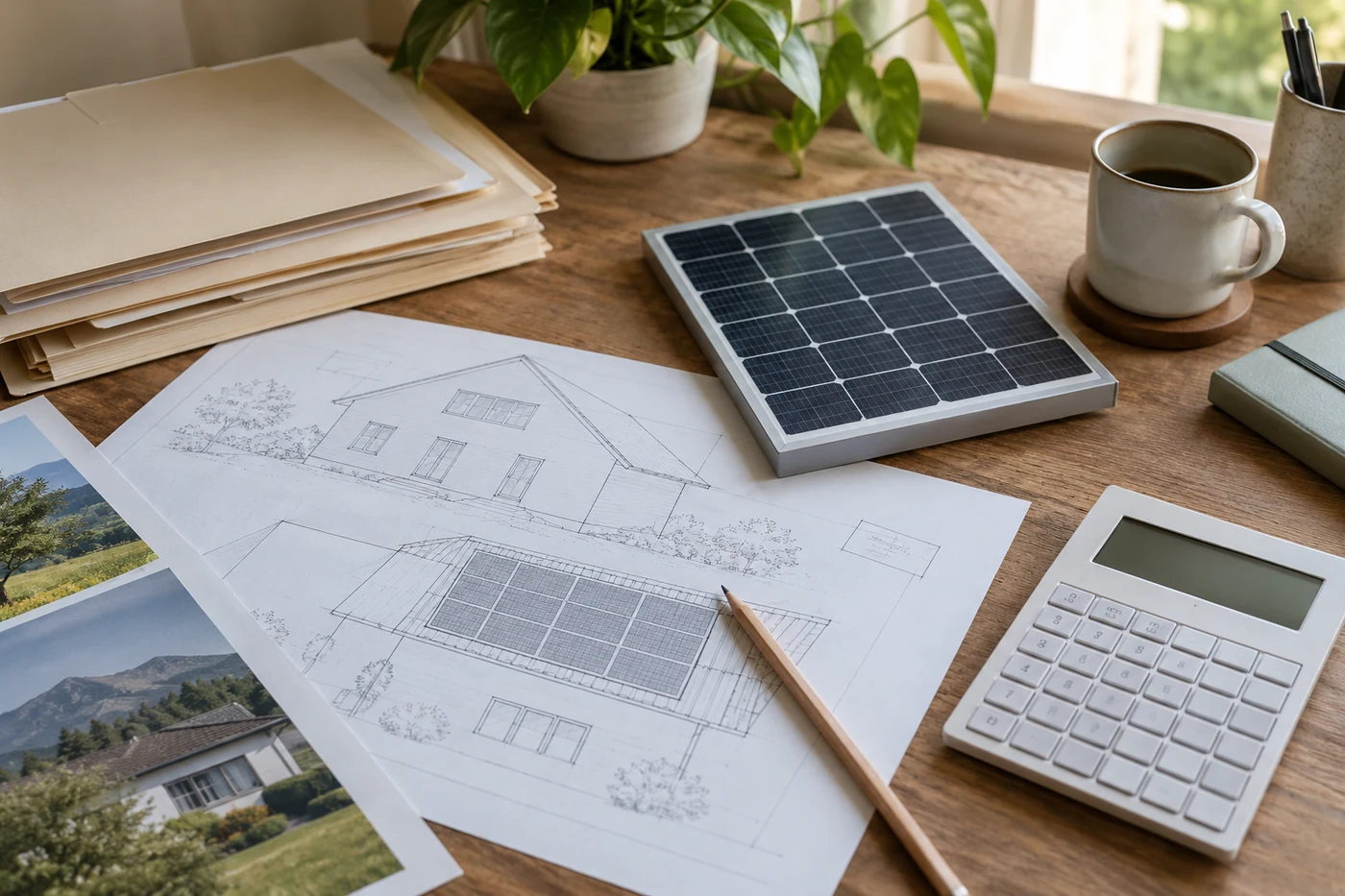 Unterlagen und eine Solarmodulprobe auf einem Planungstisch