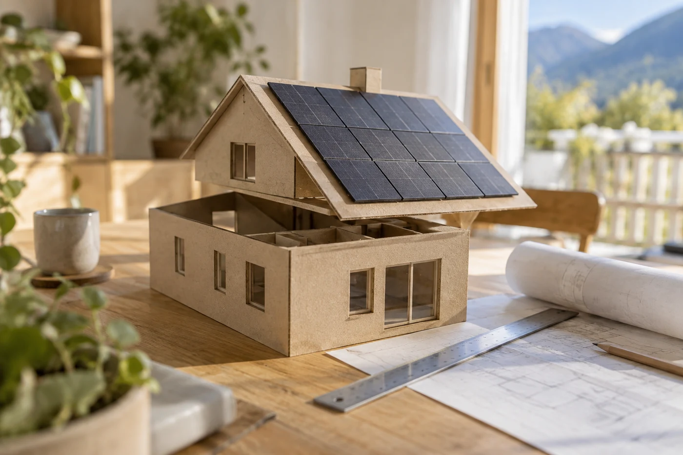 Hausmodell mit eingeplanten Solarmodulen, Lineal und Transparentpapier.