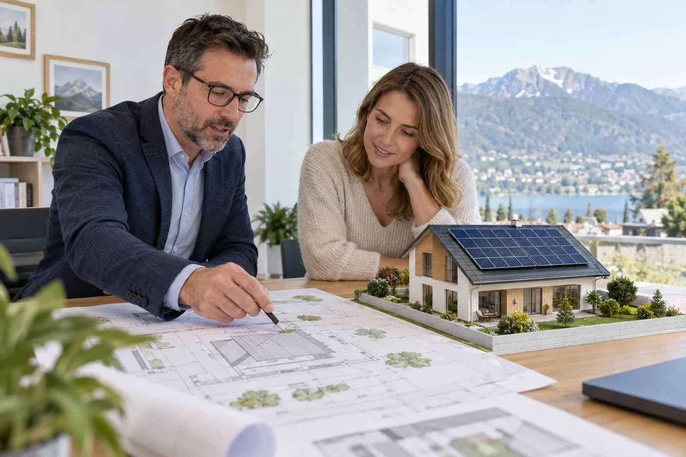 Gebäudemodell und Dachplan bei einem Planungsgespräch