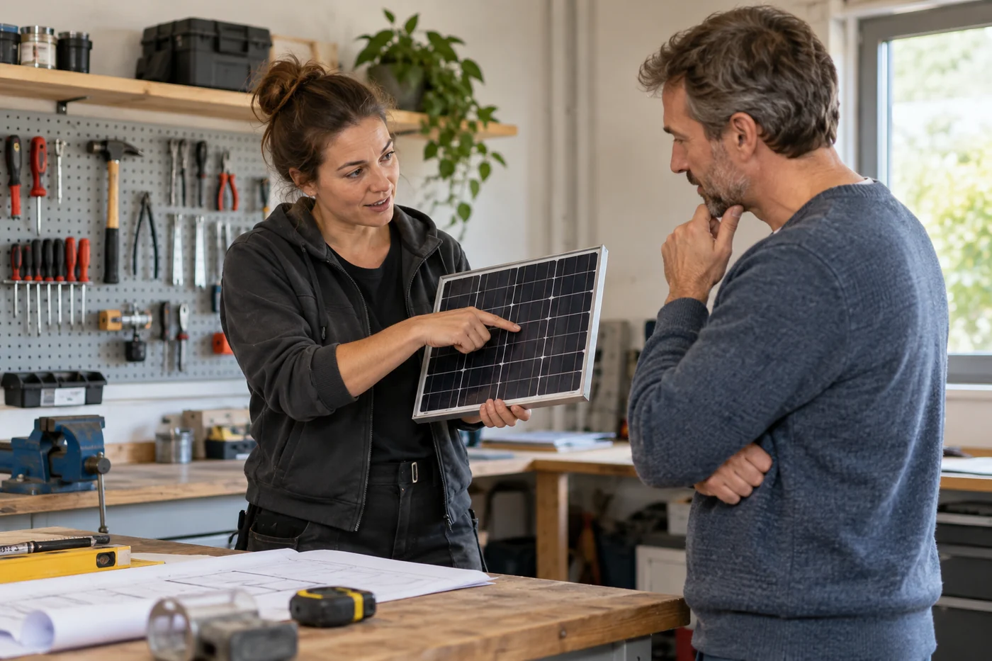 Zwei Personen besprechen Solartechnik in einer Werkstatt