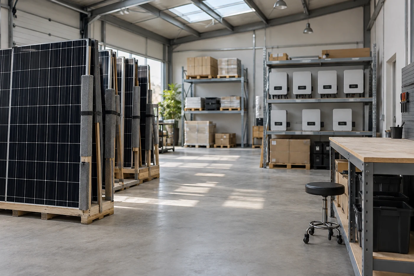 Solarmodule und geschlossene Wechselrichter in einem Lager