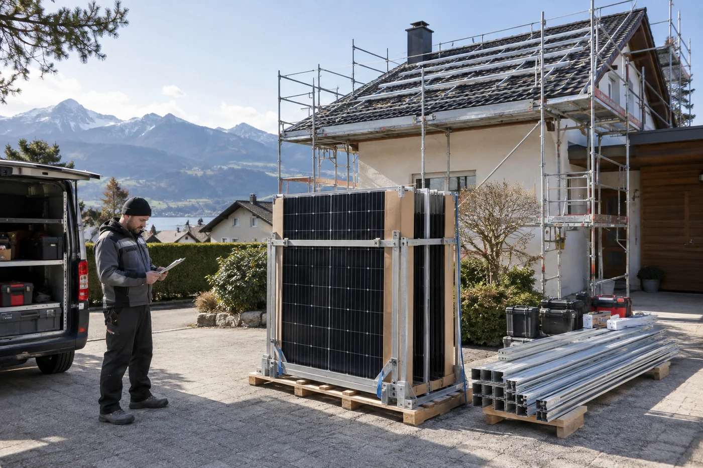 Solarmodule und Montagematerial an einem eingerüsteten Haus