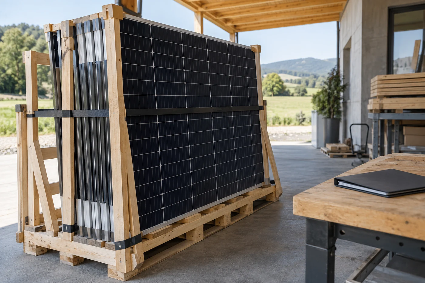 Verpackte Solarmodule auf einer überdachten Ladefläche