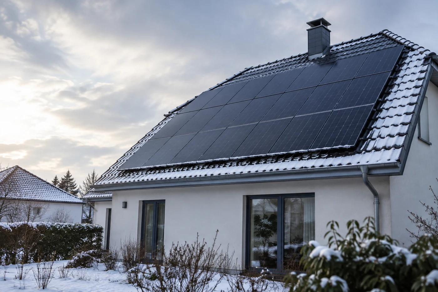 Solarmodule auf einem Dach bei winterlichem Licht