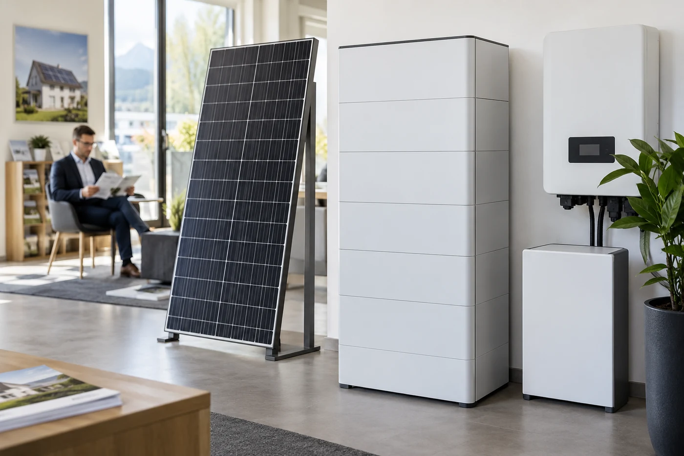PV-Modulmuster und Batteriespeicher im Beratungsraum