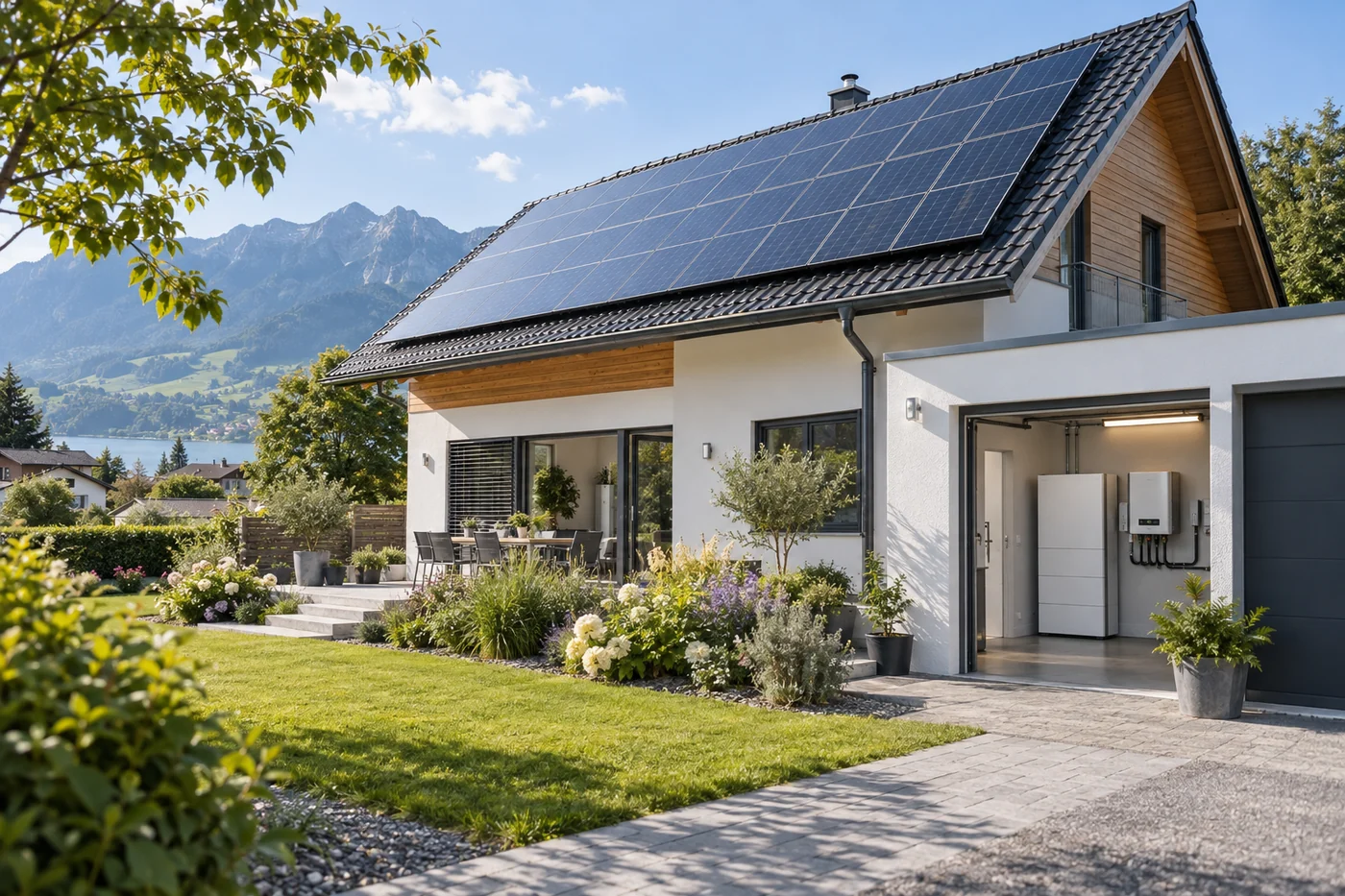 Einfamilienhaus mit Solardach und sichtbarem Speicher im Nebenraum