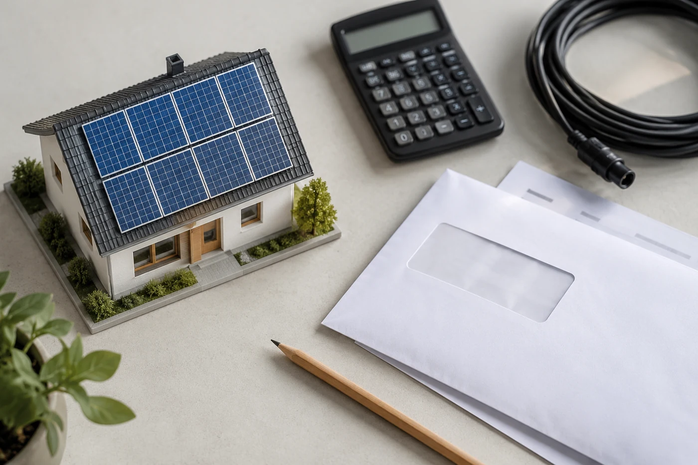 Dachmodell und Bauteile auf einem PV-Kalkulationstisch