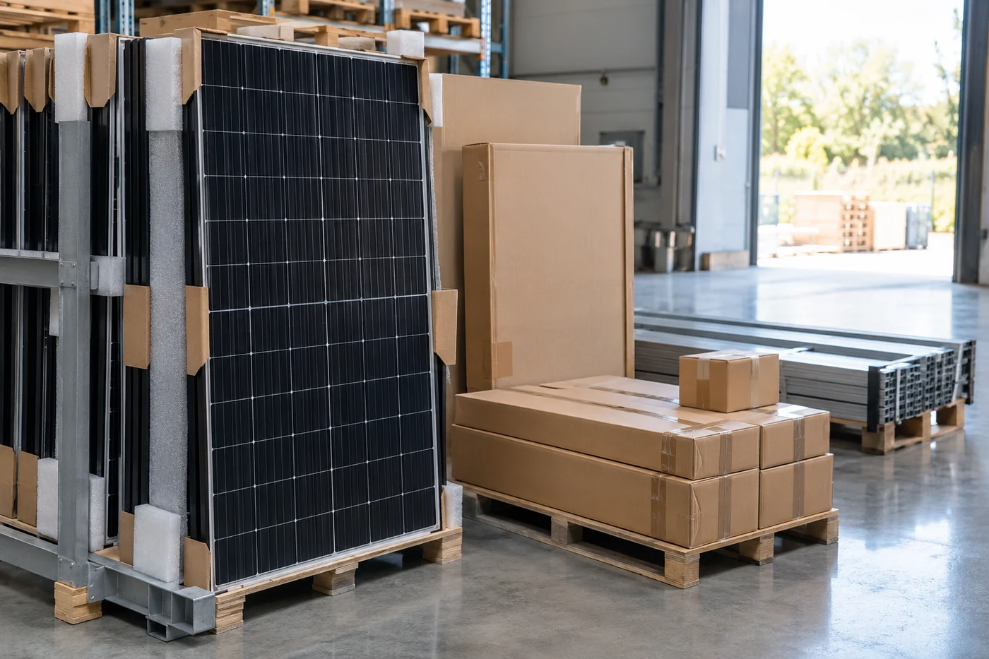 Solarmodule und unbeschriftete Verpackungen in einer Werkhalle