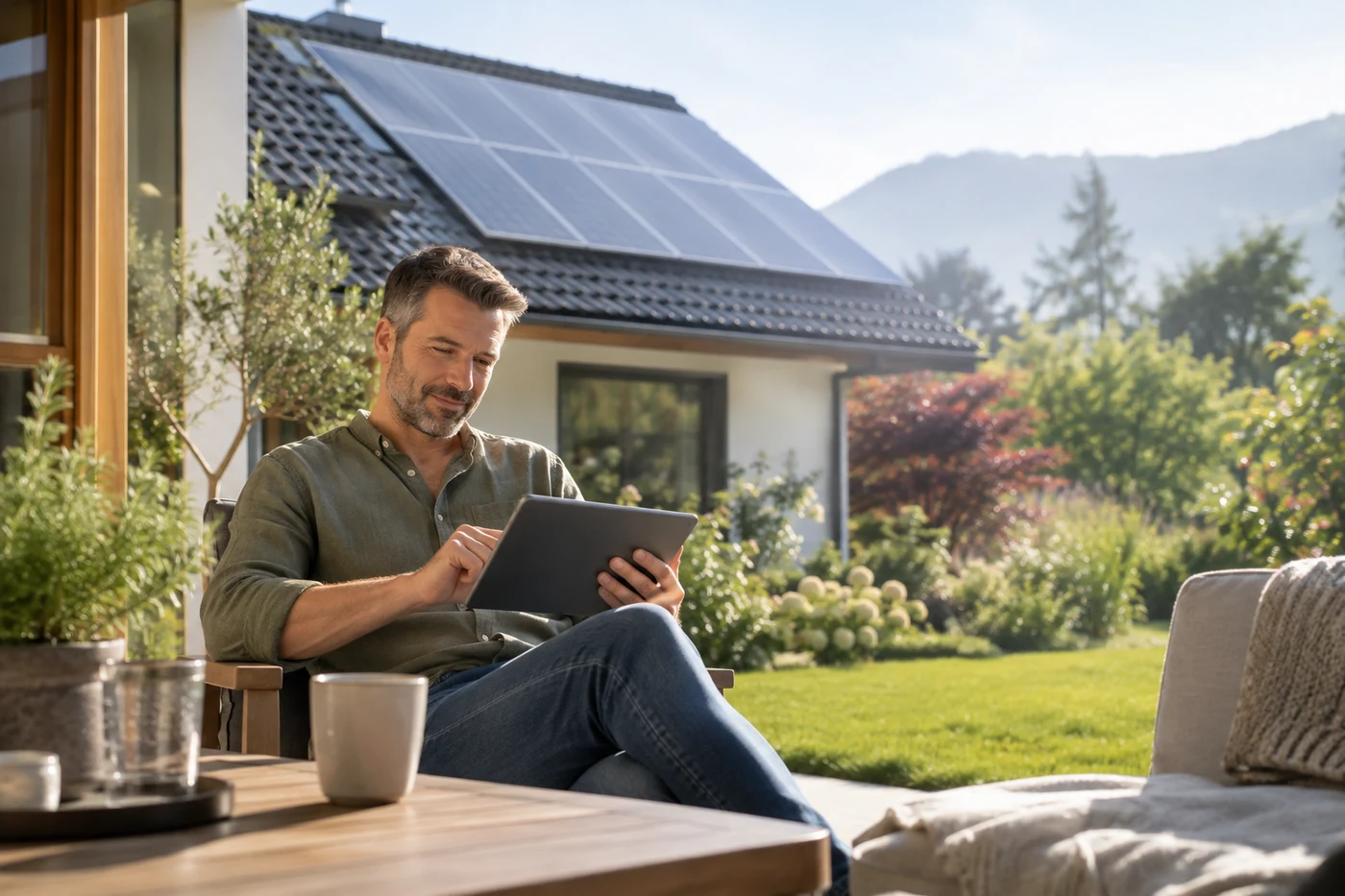 Hausbesitzer mit einem Tablet auf einer Terrasse vor einem Haus mit Solarmodulen