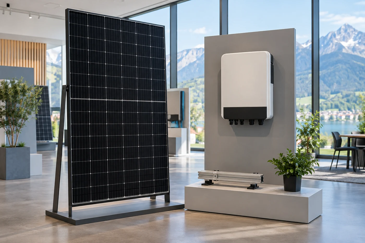 Solarmodul, Wechselrichter und Schienenprobe in einem Ausstellungsraum