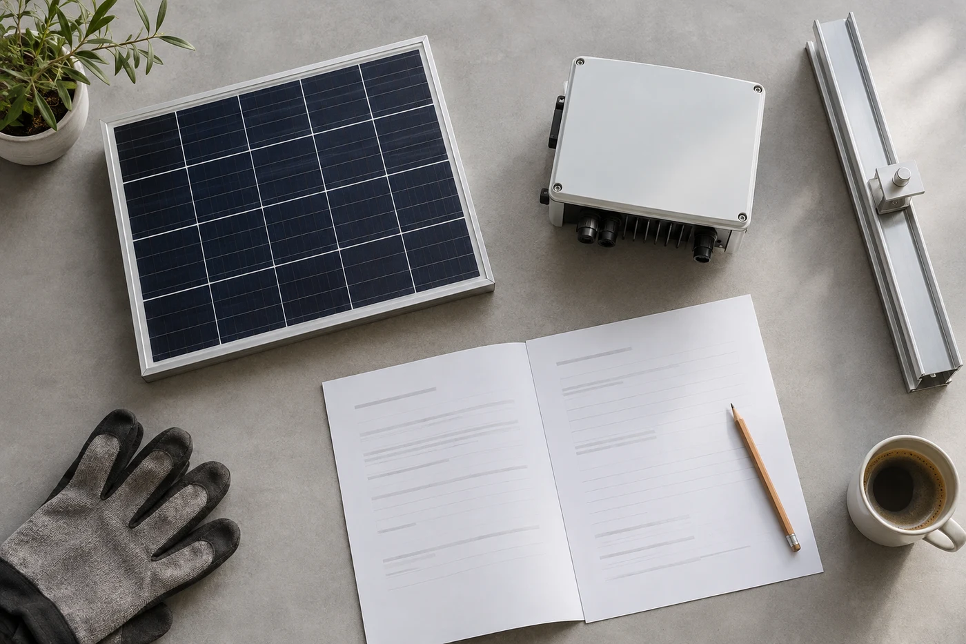 Solarmodulprobe, Wechselrichter und Montageschiene neben Angebotsunterlagen.