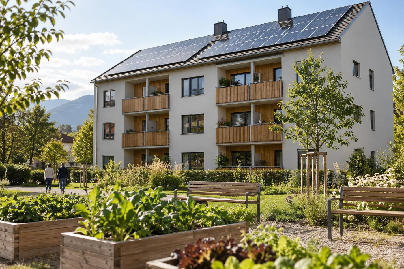 Mehrfamilienhaus mit Solardach hinter einem Gemeinschaftsgarten