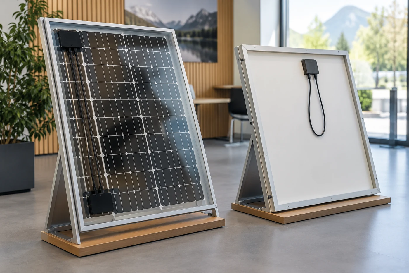 Zwei Solarmodulmuster mit unterschiedlichen Rückseiten