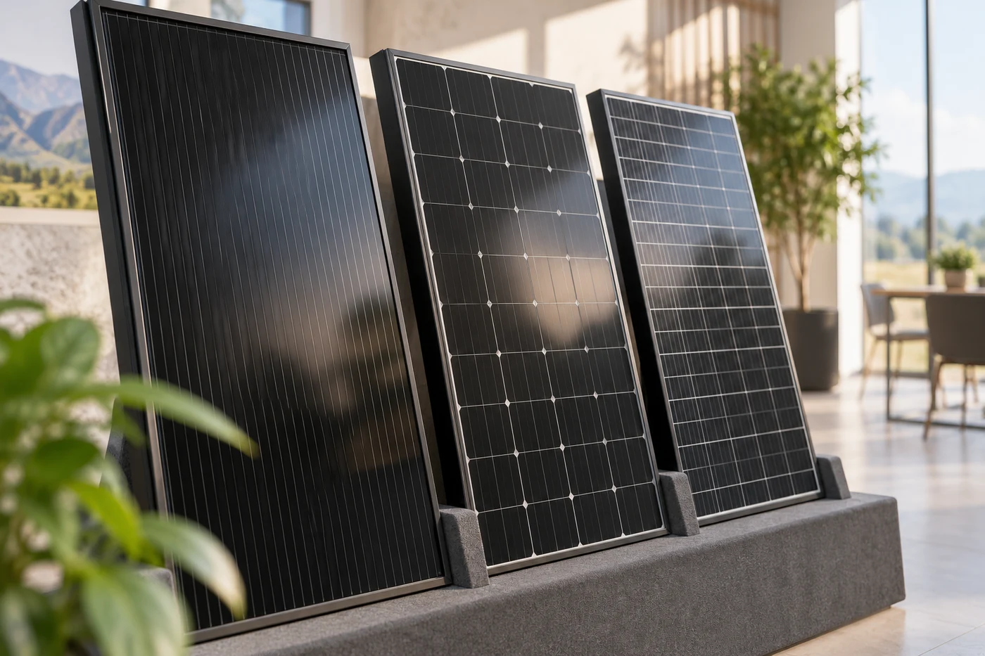 Mehrere dunkle Solarmodule mit unterschiedlichen Rahmen auf einem Ausstellungsständer.