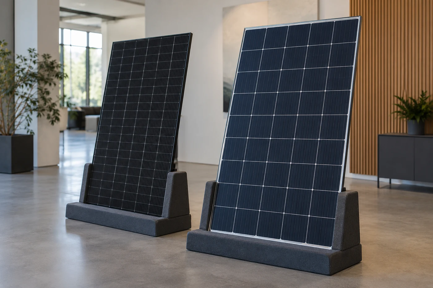 Zwei unbeschriftete Solarmodulmuster in gepolsterten Halterungen in einem Ausstellungsraum.