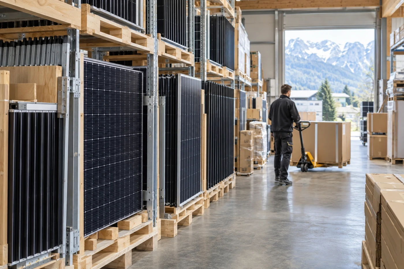 Solarmodule in einem geordneten Lager