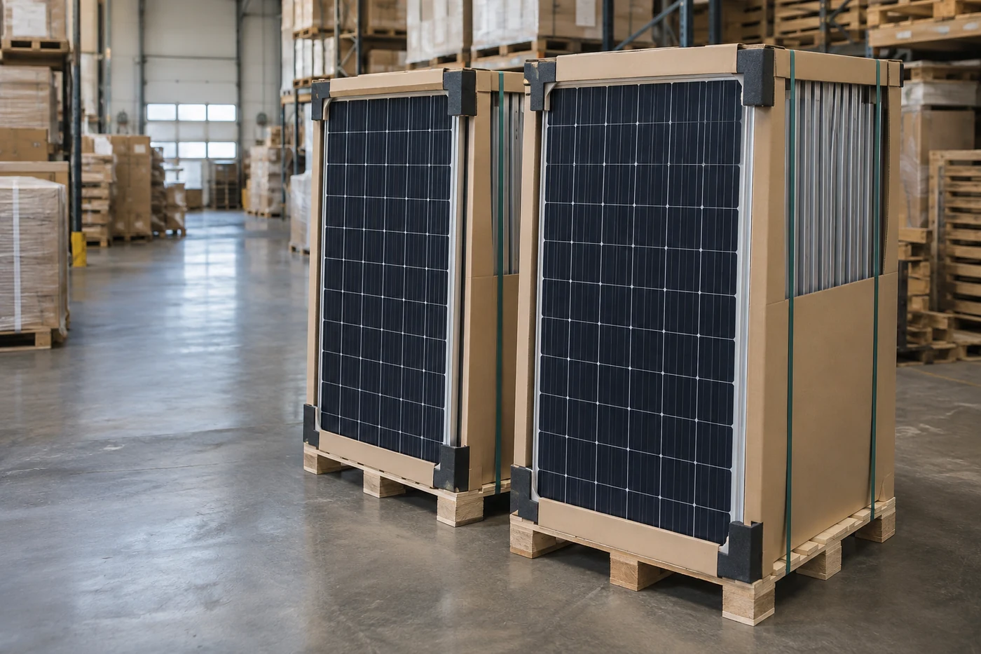 Verpackte Solarmodule in einem Lager