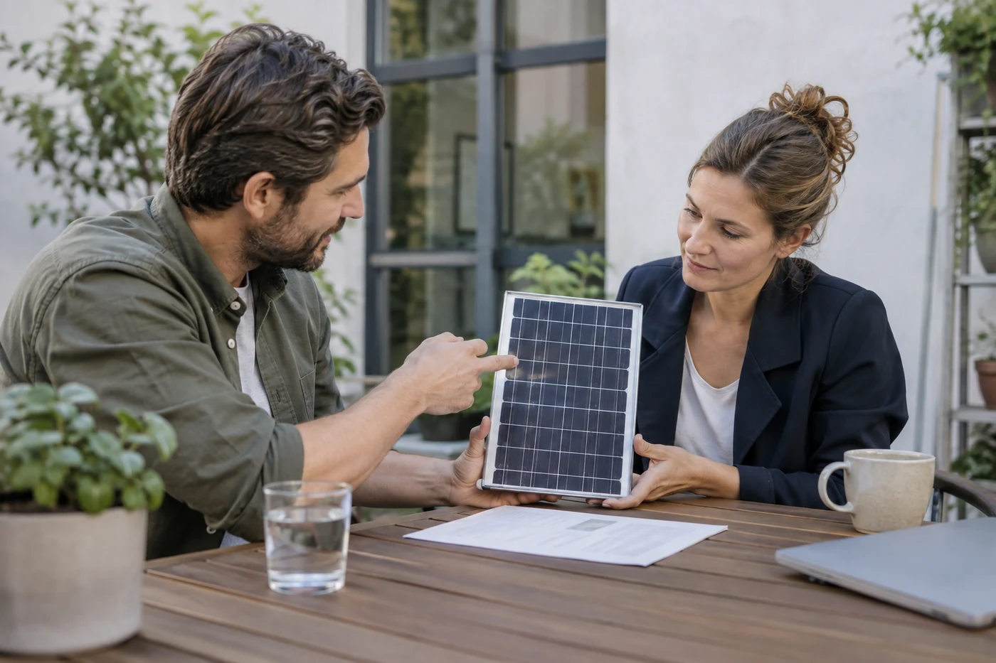 Zwei Personen betrachten ein Solarmodulmuster