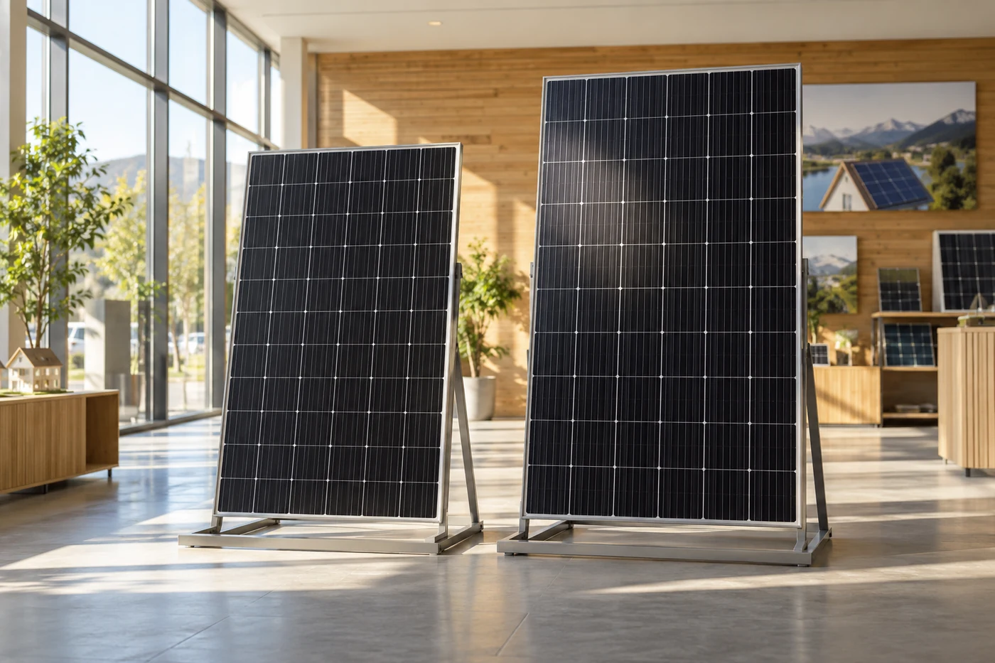 Zwei unterschiedlich große Solarmodule in einem Ausstellungsraum