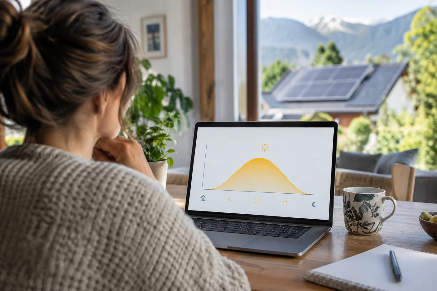 Person prüft eine schematische PV-Ertragskurve am Laptop