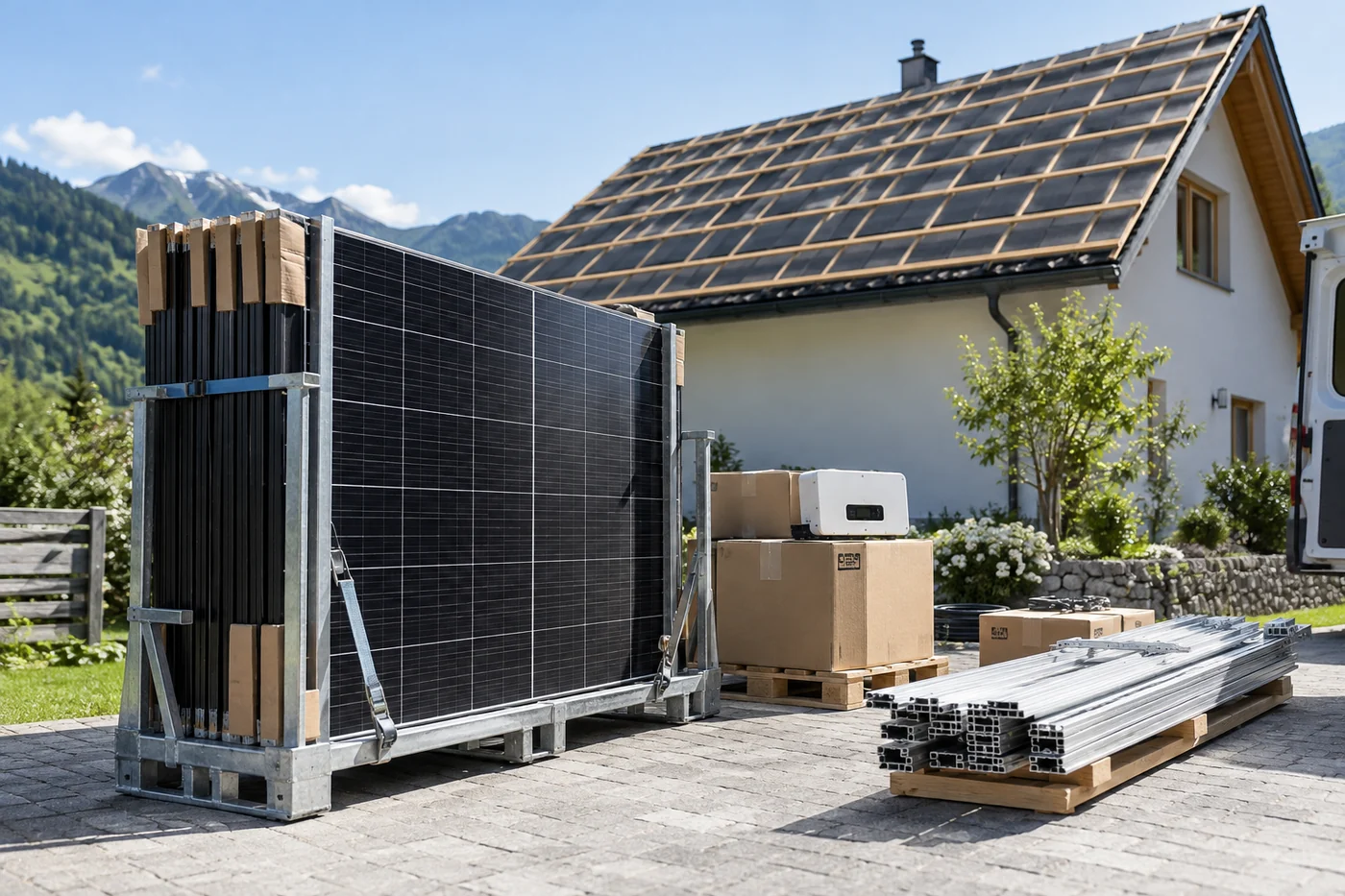 Verpackte Solarmodule und Montageschienen vor einem Haus