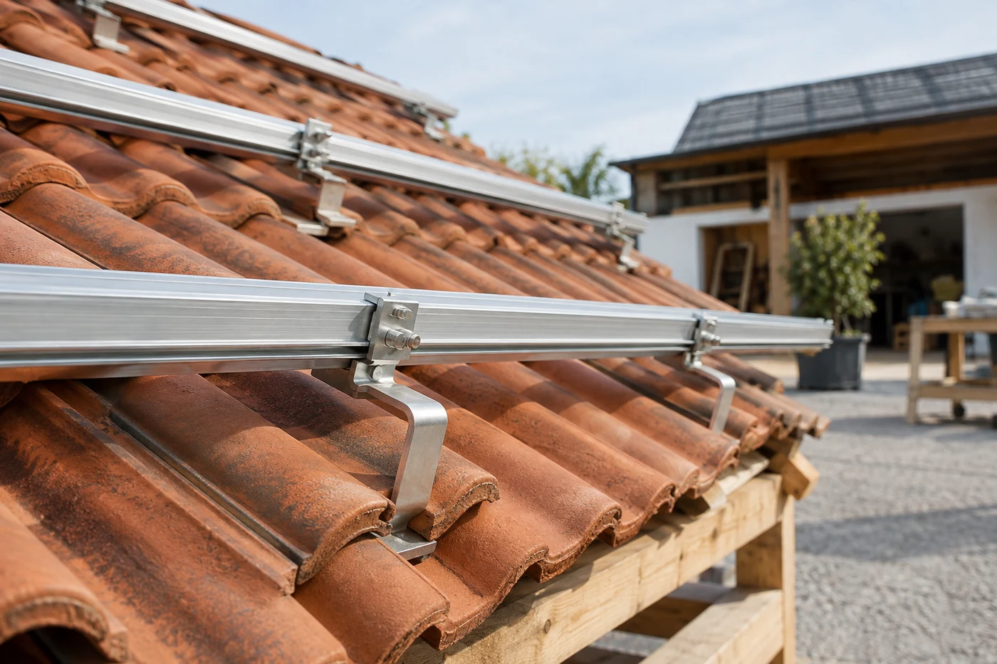 Montageschienen und Dachhaken auf einem vorbereiteten Übungsdach