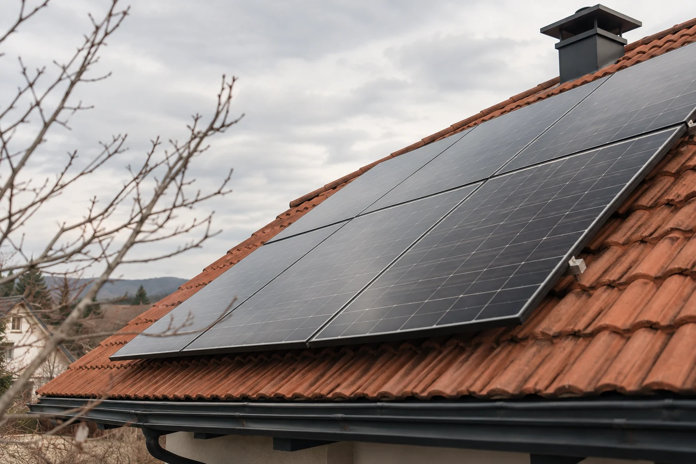 Solarmodule auf einem Hausdach unter bewölktem Himmel