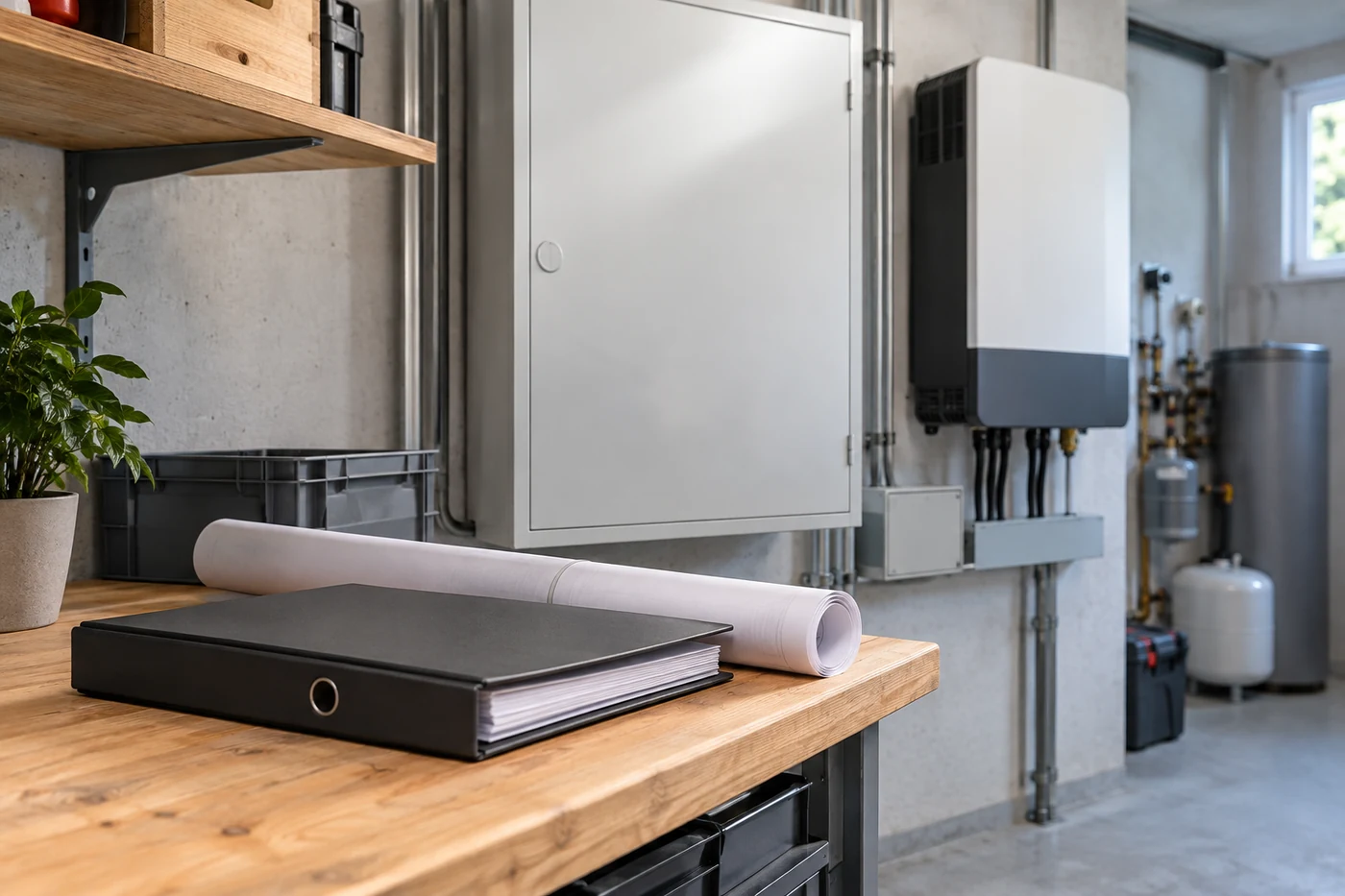 Projektunterlagen vor einem geschlossenen Technikschrank
