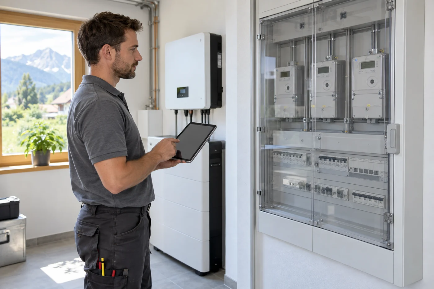 Elektriker prüft einen geschlossenen Zählerschrank für den PV-Netzanschluss