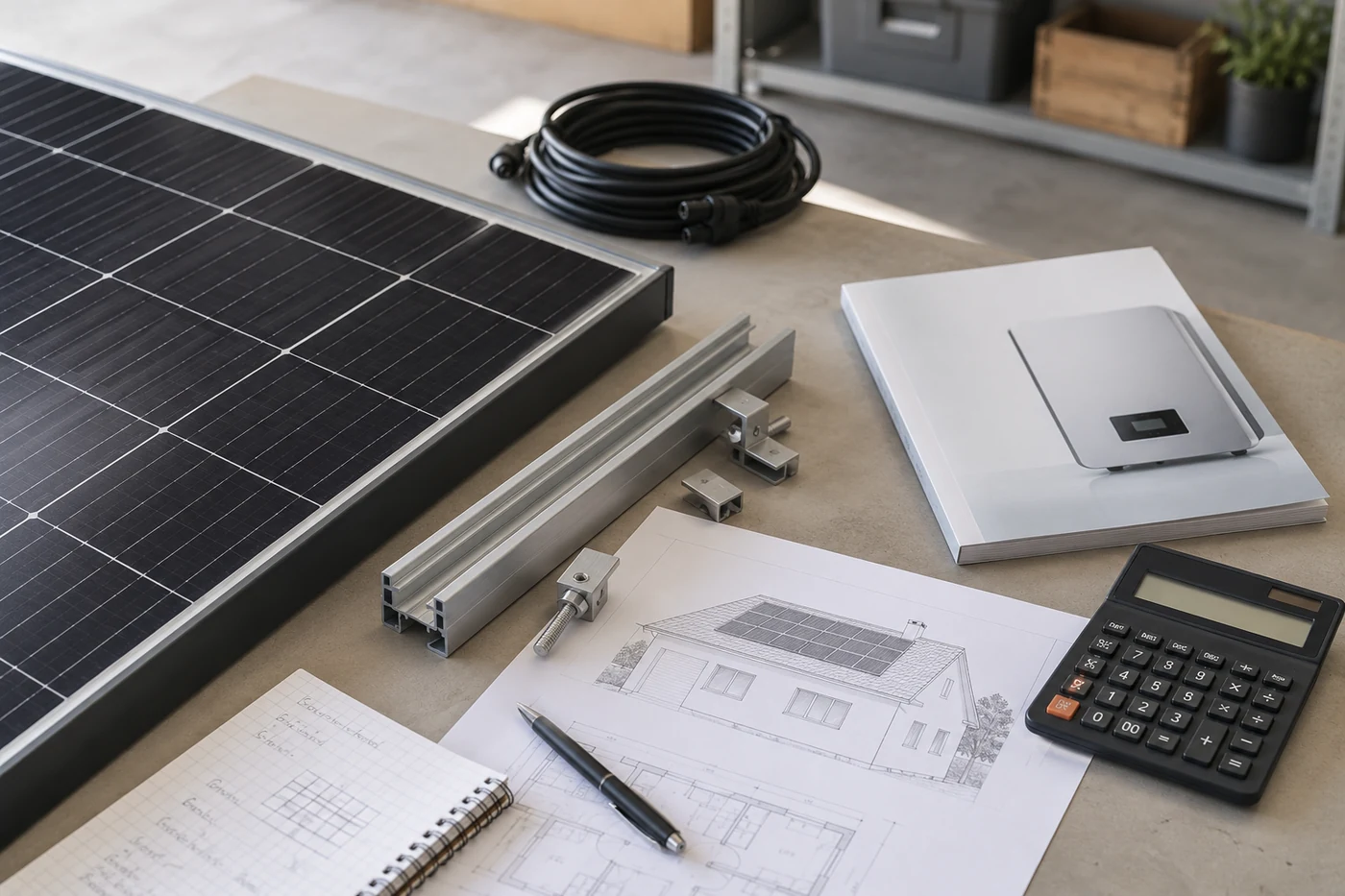 Solarmodulmuster neben Montageschiene und Kalkulationsmappe