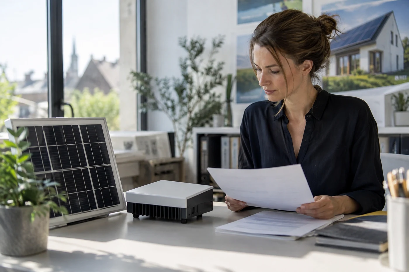 Person betrachtet Unterlagen neben Solarmodul und Wechselrichtermuster