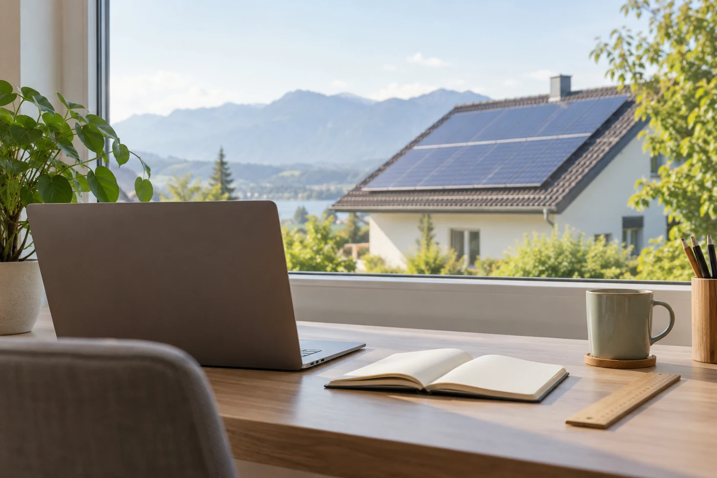 Notizbuch und Laptop an einem Arbeitsplatz mit Dachblick