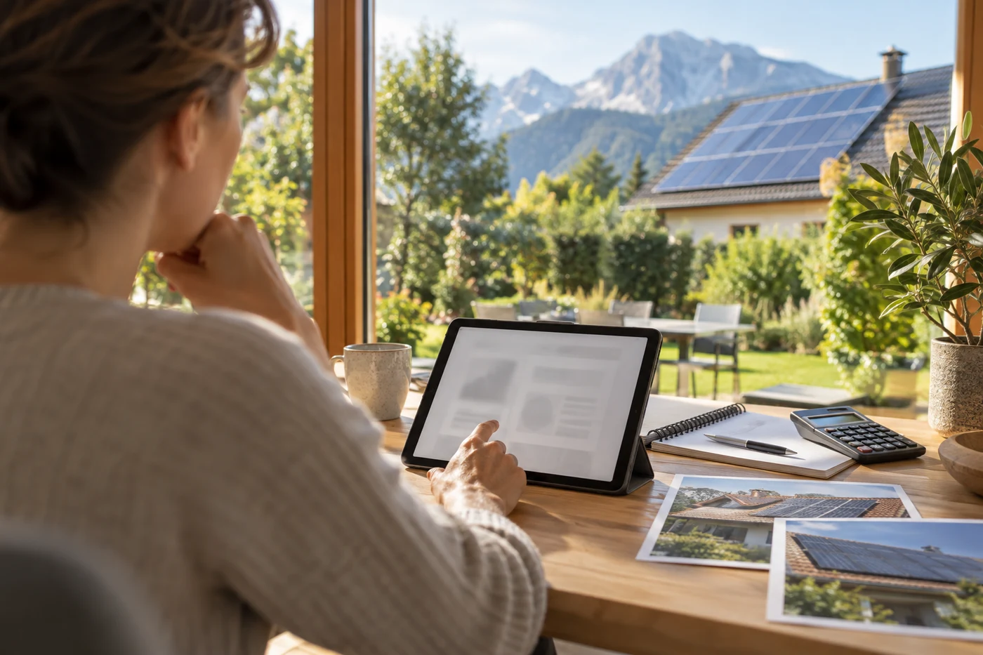 Person mit Tablet und Taschenrechner bei der Planung einer Solaranlage.