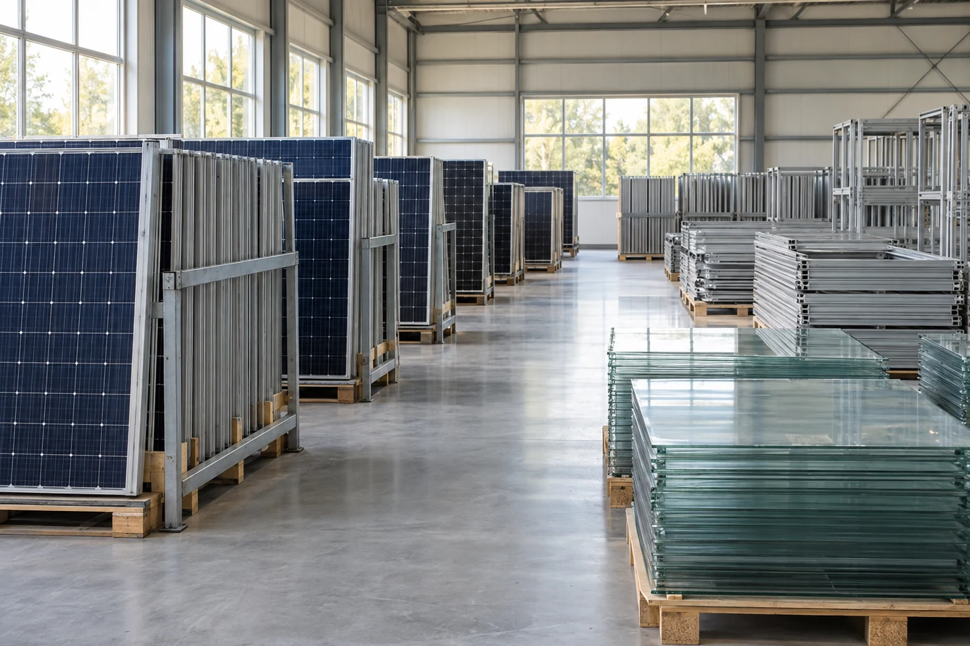 Glasplatten, Aluminiumrahmen und Solarmodule in einer Sortierhalle