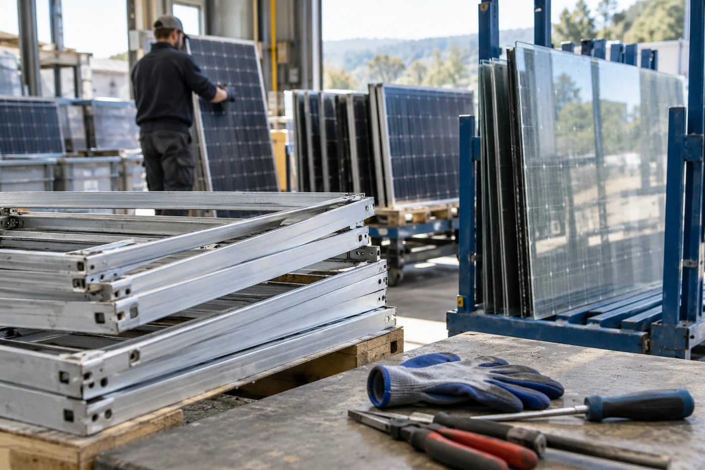 Aluminiumrahmen und Glasmaterialien in einer Recyclingwerkstatt