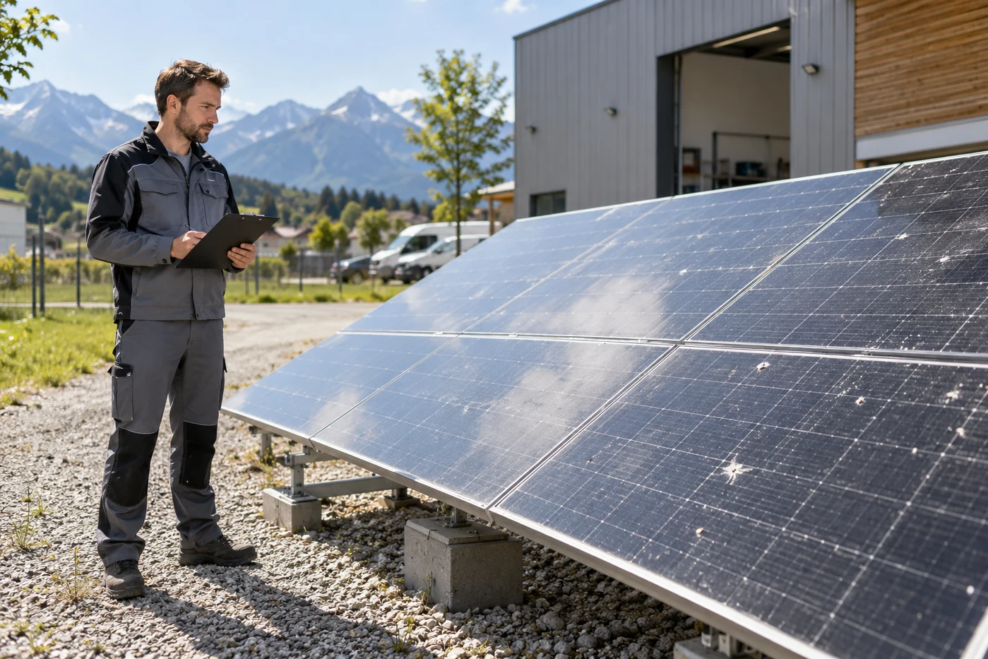 Fachperson betrachtet verschmutzte Solarmodule auf einer bodennahen Anlage