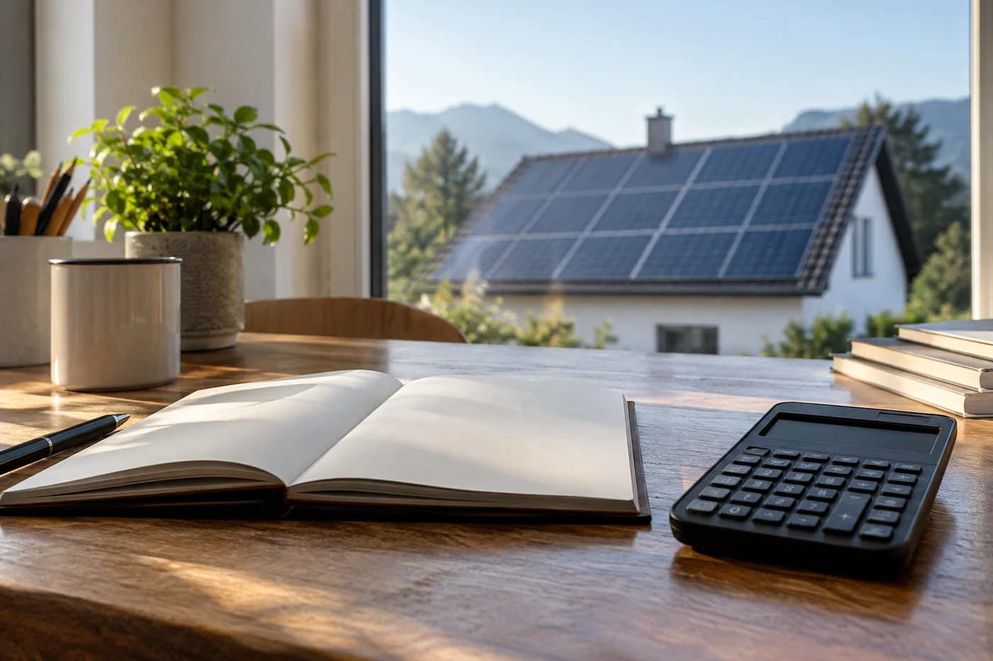Notizbuch und Rechner vor einem Fenster mit Solardachblick