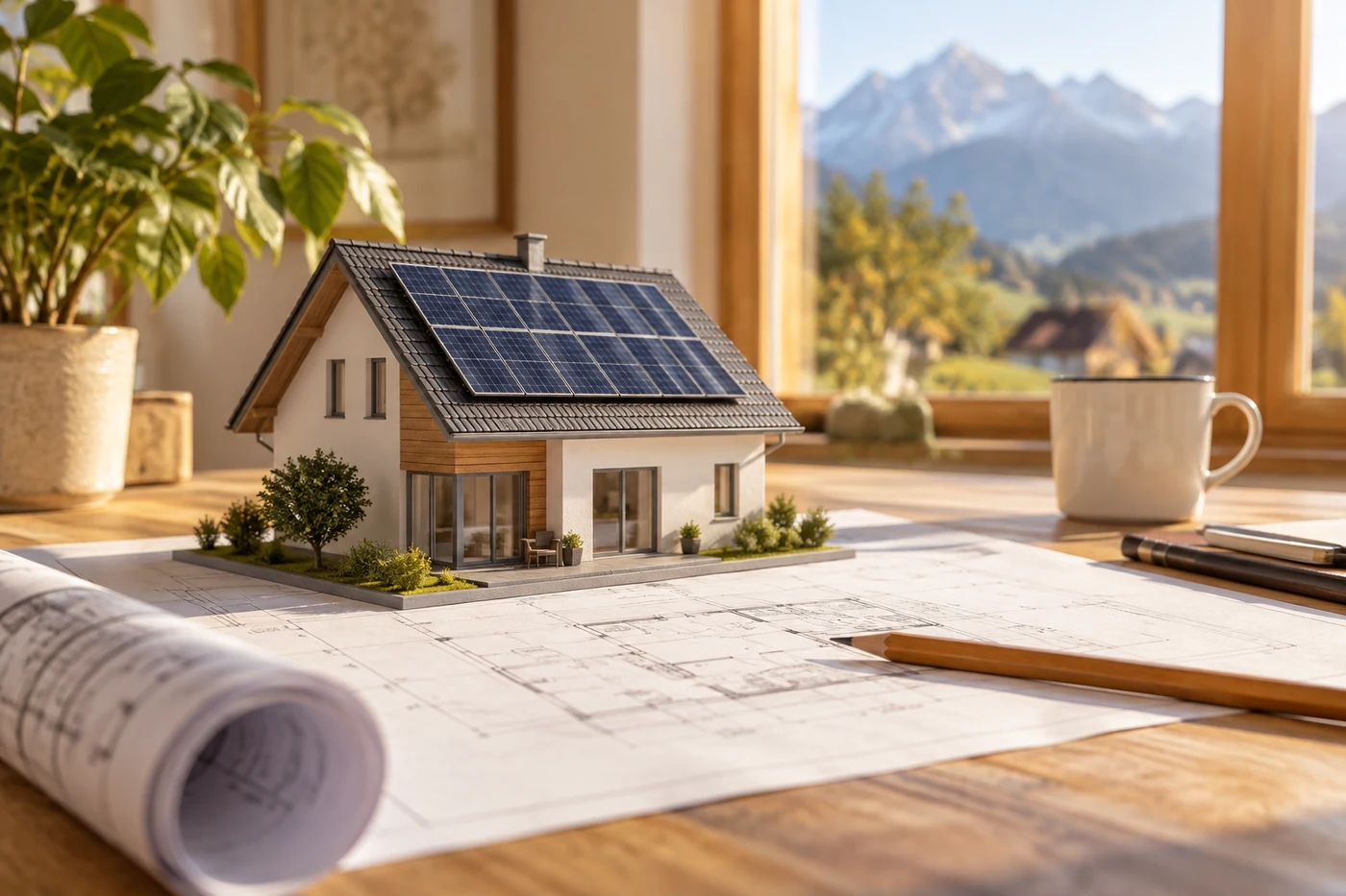 Hausmodell mit Solarmodulen auf einem Schreibtisch