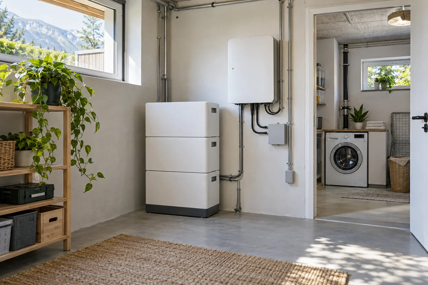 Modularer Batteriespeicher neben Haushaltsgeräten in einem hellen Technikraum