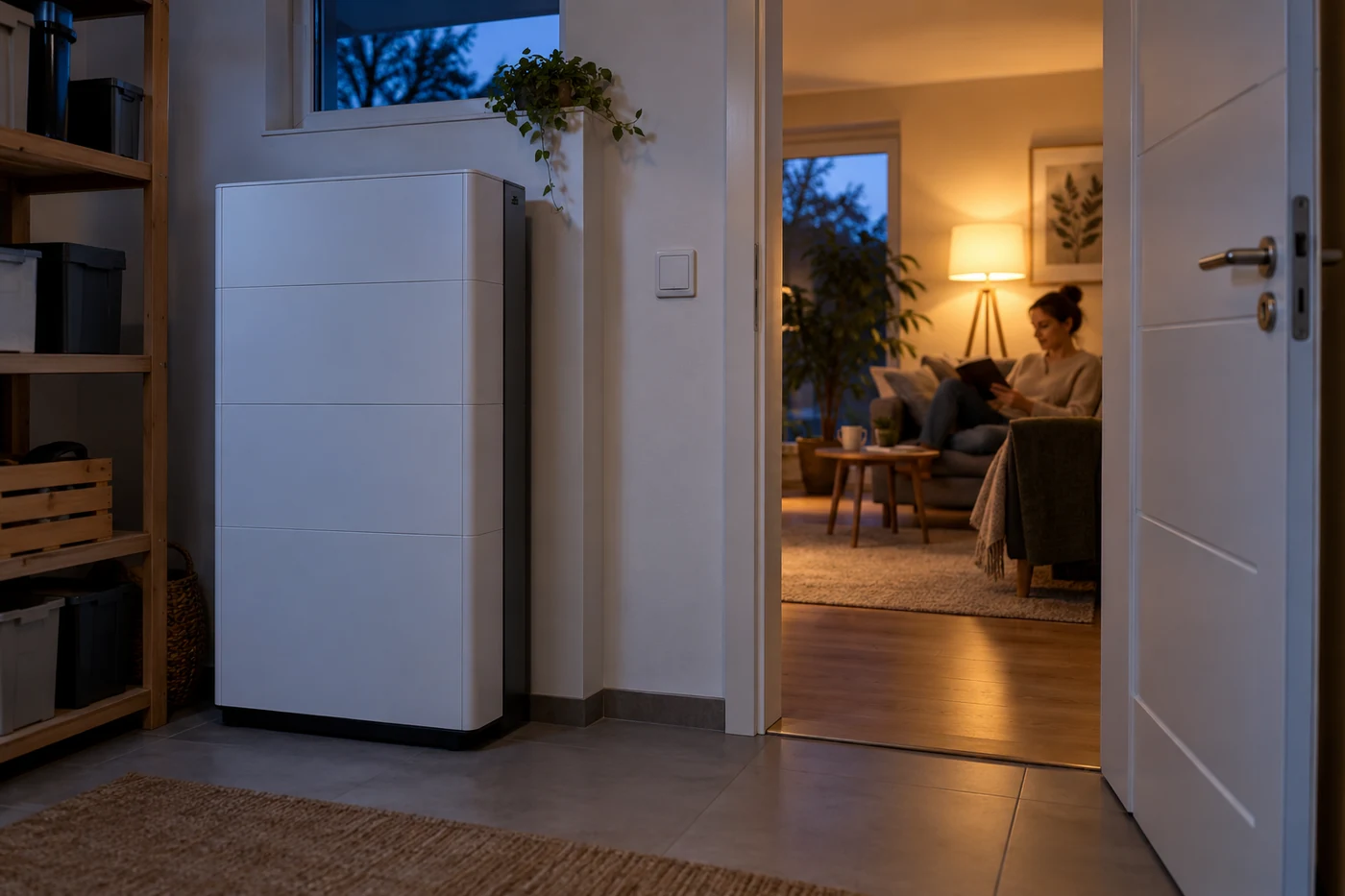 Batteriespeicher und beleuchteter Wohnbereich am Abend
