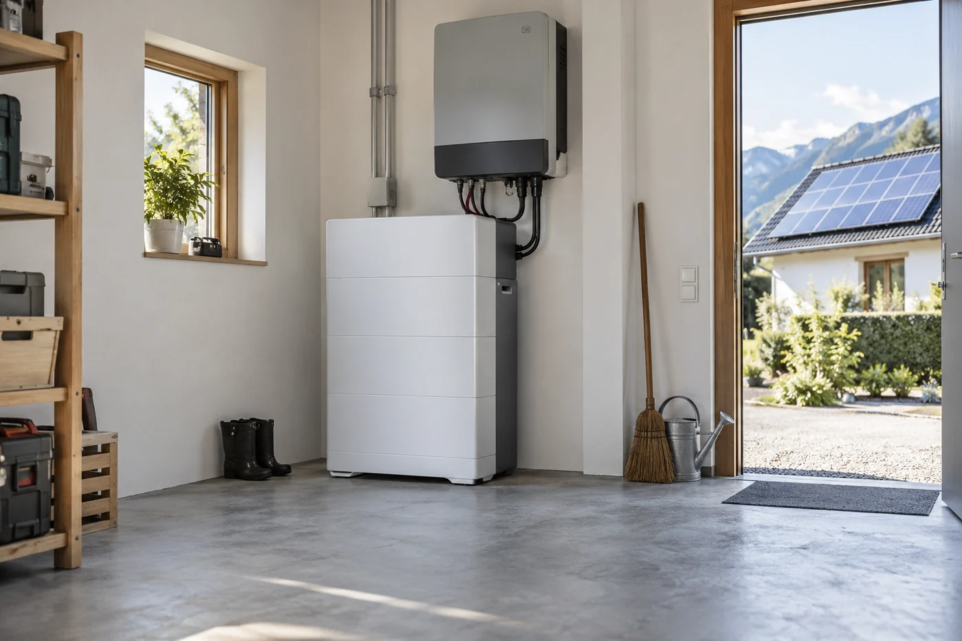 Wechselrichter und Batteriespeicher neben einer Hauswand