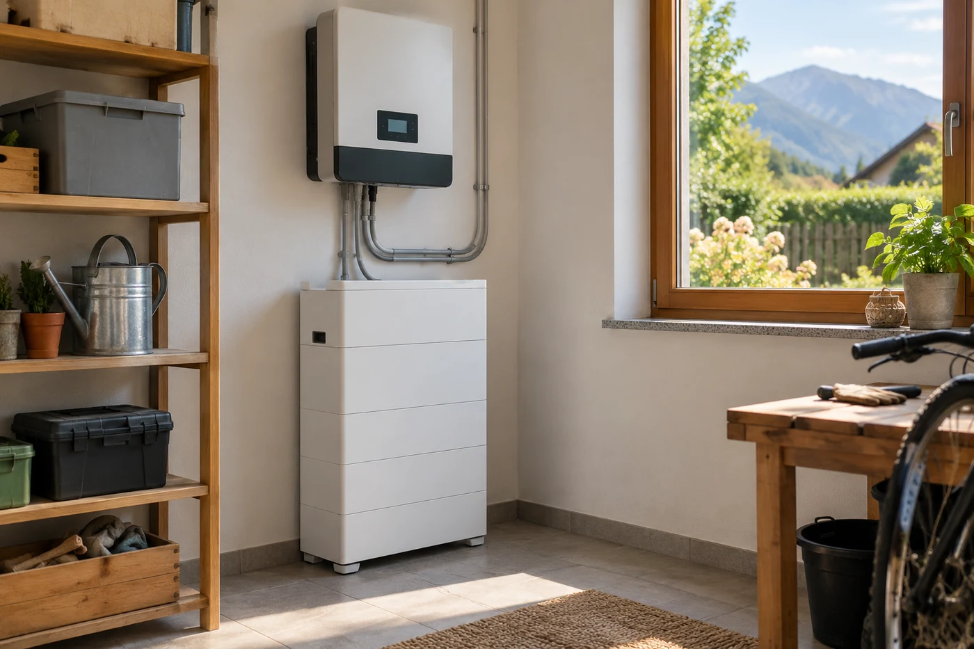 Kompakter Batterieschrank in einem Hauswirtschaftsraum