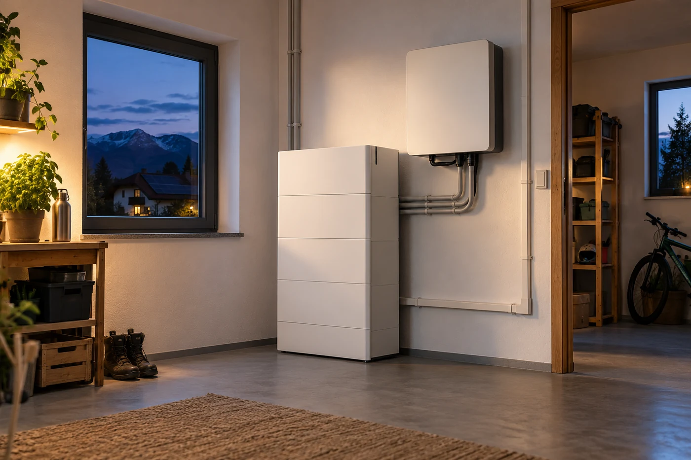 Batteriespeicher und Wechselrichter in einem abendlichen Technikraum