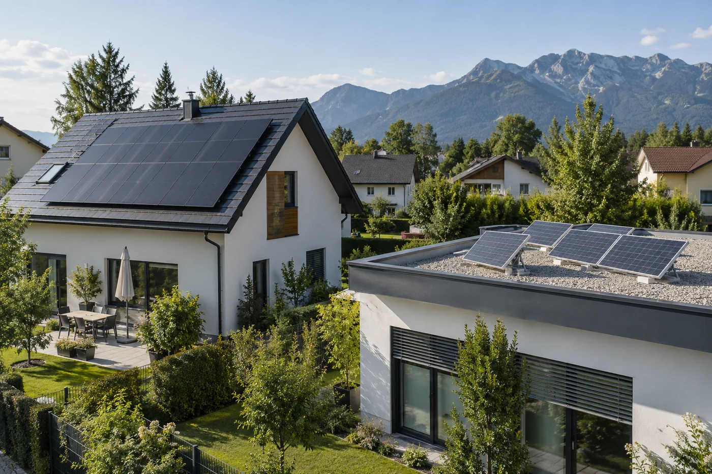 Solarpaneele auf einem geneigten Dach und einem Flachdach