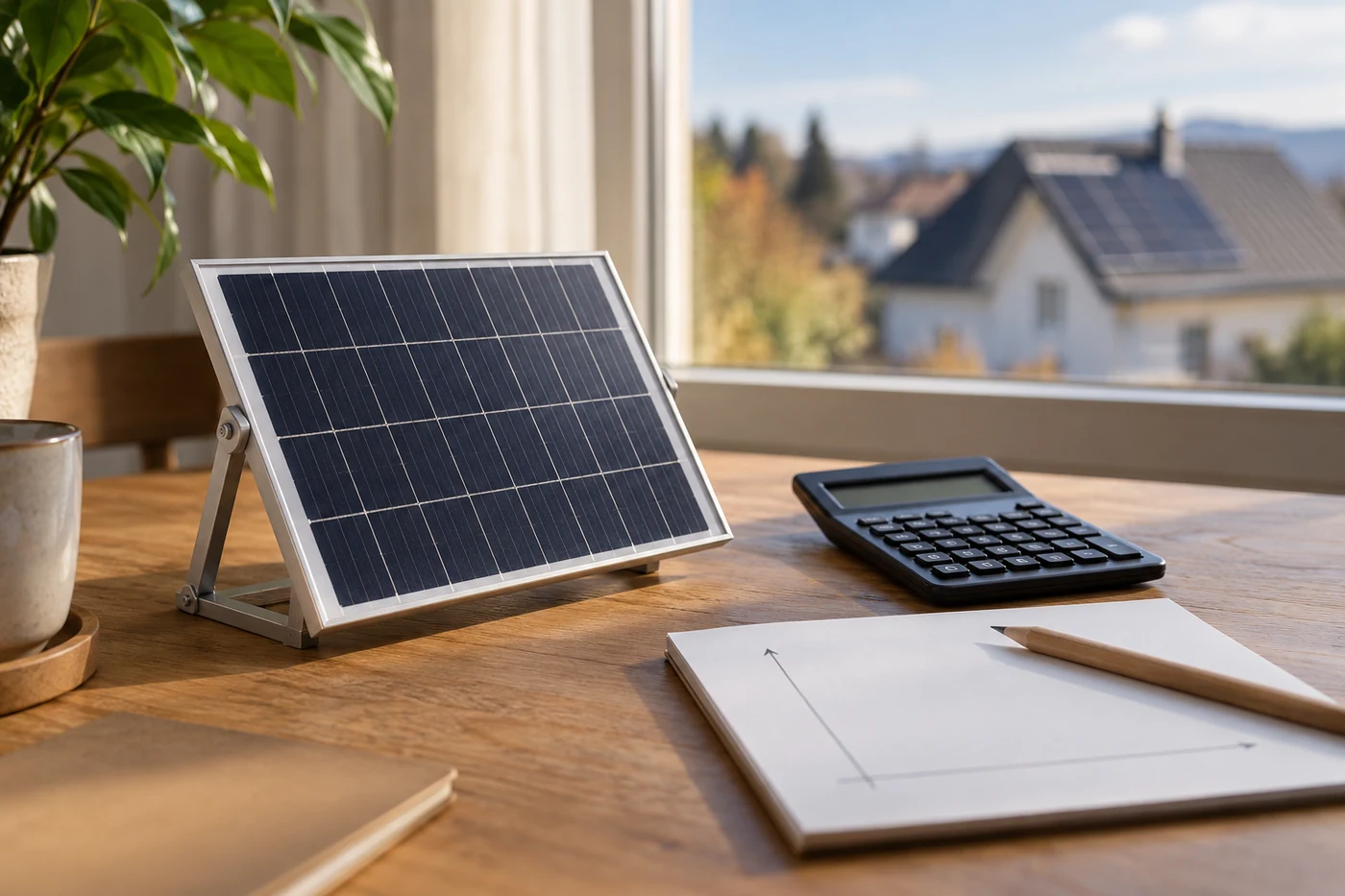 Solarmodulmodell neben Taschenrechner und leerem Diagrammblatt