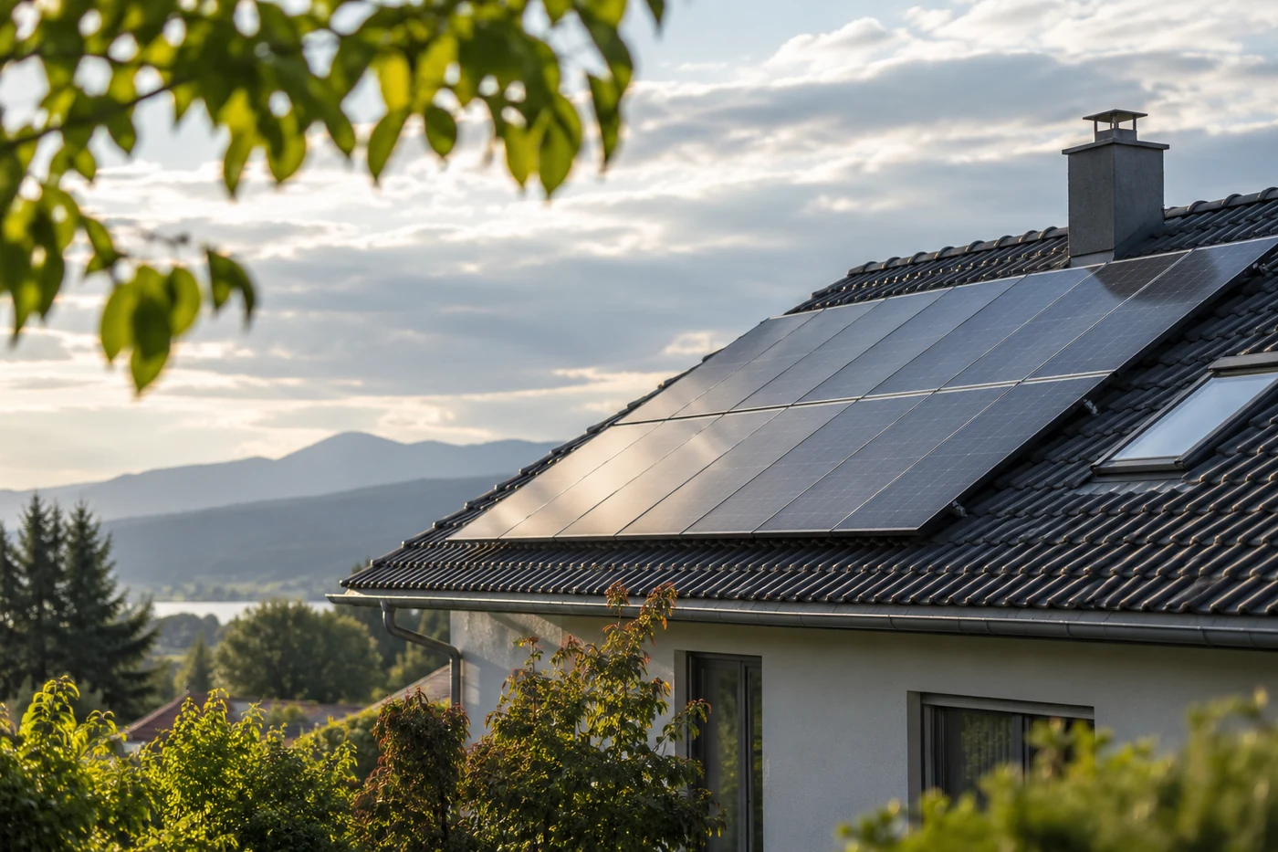 Solarmodule auf einem Hausdach unter Wolken