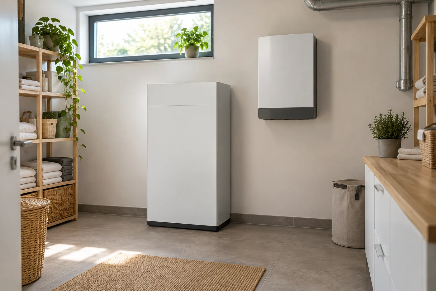 Batterieschrank und wandmontiertes Gerät in einem hellen Hauswirtschaftsraum.
